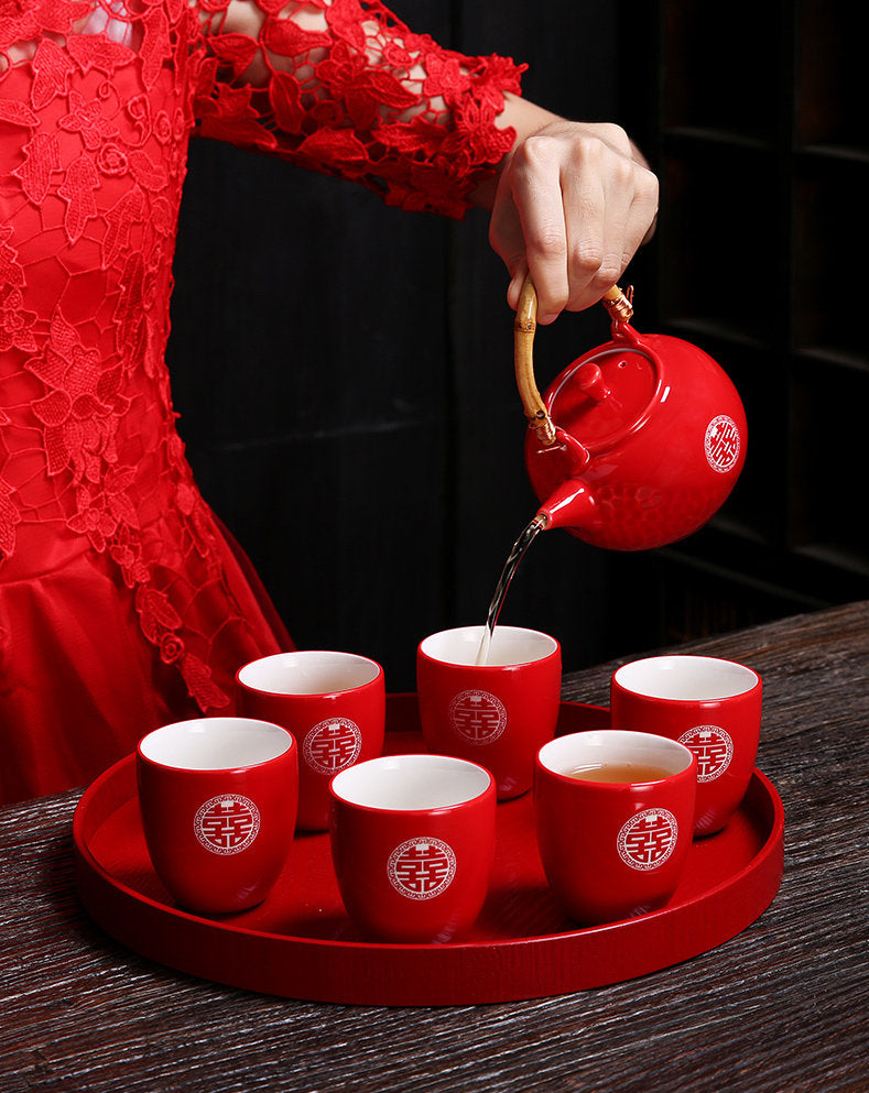 Chinese Wedding Tea Ceremony Set, Double Happiness Tea Set, Oriental Wedding Tea Set - 1 Teapot, 6 Cups and 1 Tray in Gift Box