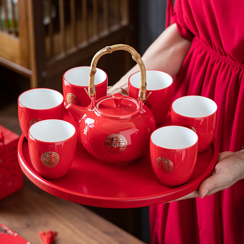 Chinese Wedding Tea Ceremony Set, Double Happiness Tea Set, Oriental Wedding Tea Set - 1 Teapot, 6 Cups and 1 Tray in Gift Box