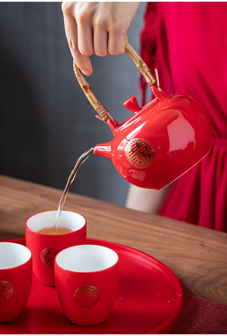 Chinese Wedding Tea Ceremony Set, Double Happiness Tea Set, Oriental Wedding Tea Set - 1 Teapot, 6 Cups and 1 Tray in Gift Box