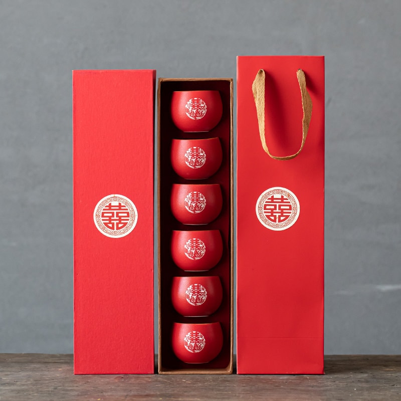 Oriental Wedding Tea Ceremony Cup, Double Happiness Wedding Tea Set, Red Ceramic Tea Cup, Red Cup Set in Gift Box