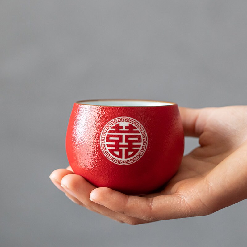 Oriental Wedding Tea Ceremony Cup, Double Happiness Wedding Tea Set, Red Ceramic Tea Cup, Red Cup Set in Gift Box
