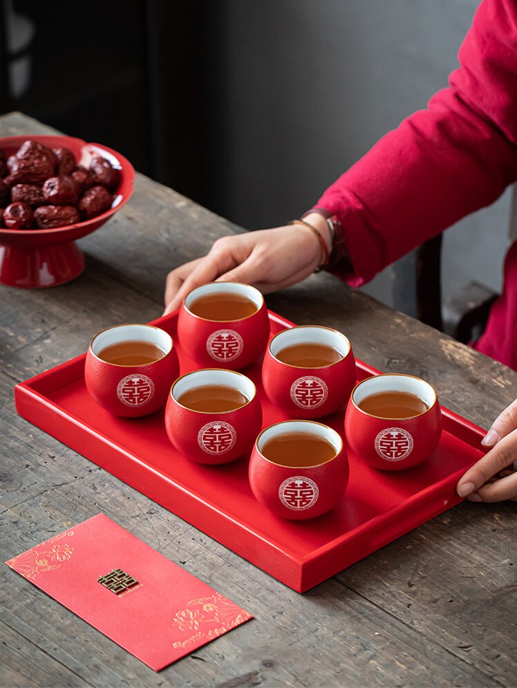 Oriental Wedding Tea Ceremony Cup, Double Happiness Wedding Tea Set, Red Ceramic Tea Cup, Red Cup Set in Gift Box