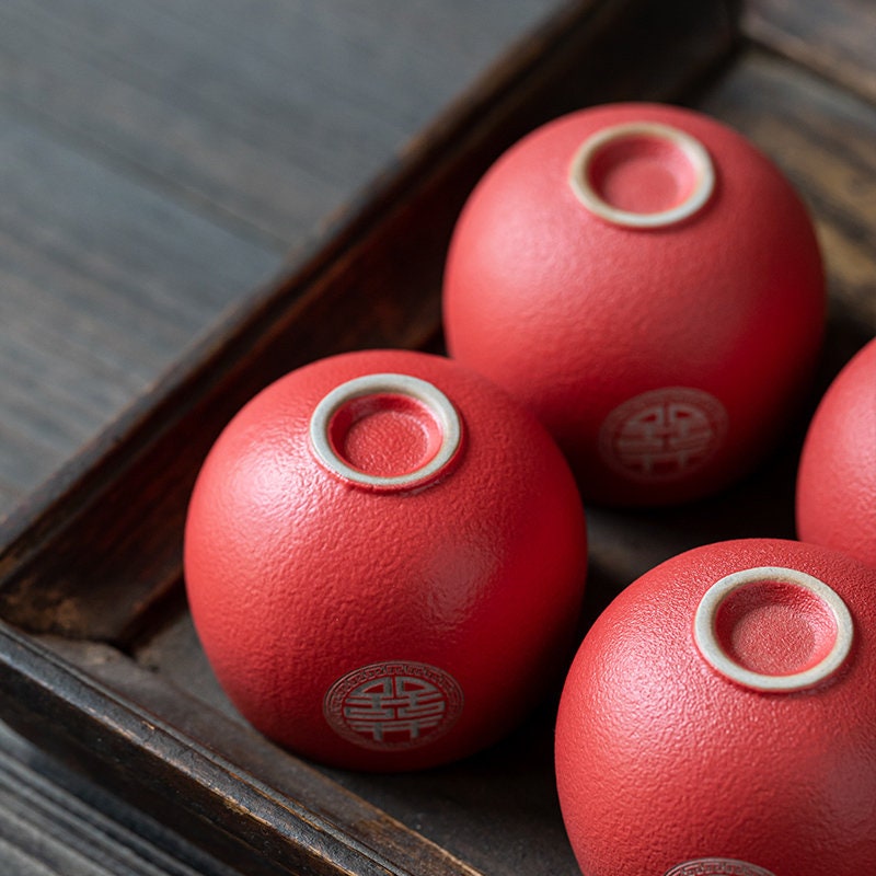 Engraved 'Double Happiness' Wedding Tea Cups, Oriental Wedding Tea Ceremony Cup Set, Chinese Red Tea Cup, Ceramic Red Cup Set in Gift Box