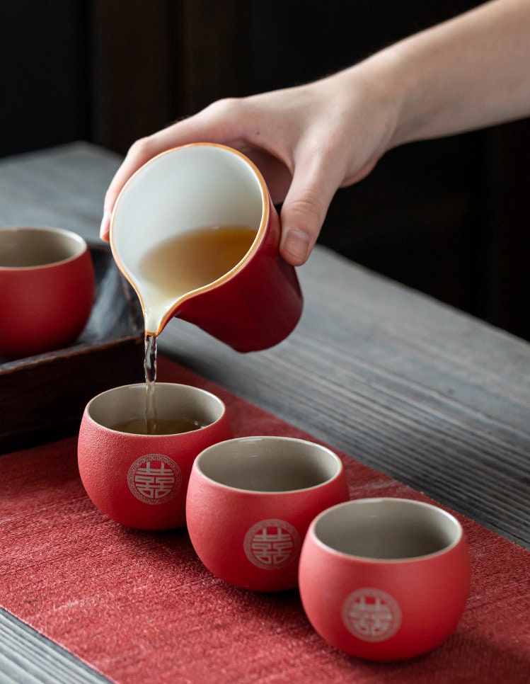 Engraved 'Double Happiness' Wedding Tea Cups, Oriental Wedding Tea Ceremony Cup Set, Chinese Red Tea Cup, Ceramic Red Cup Set in Gift Box