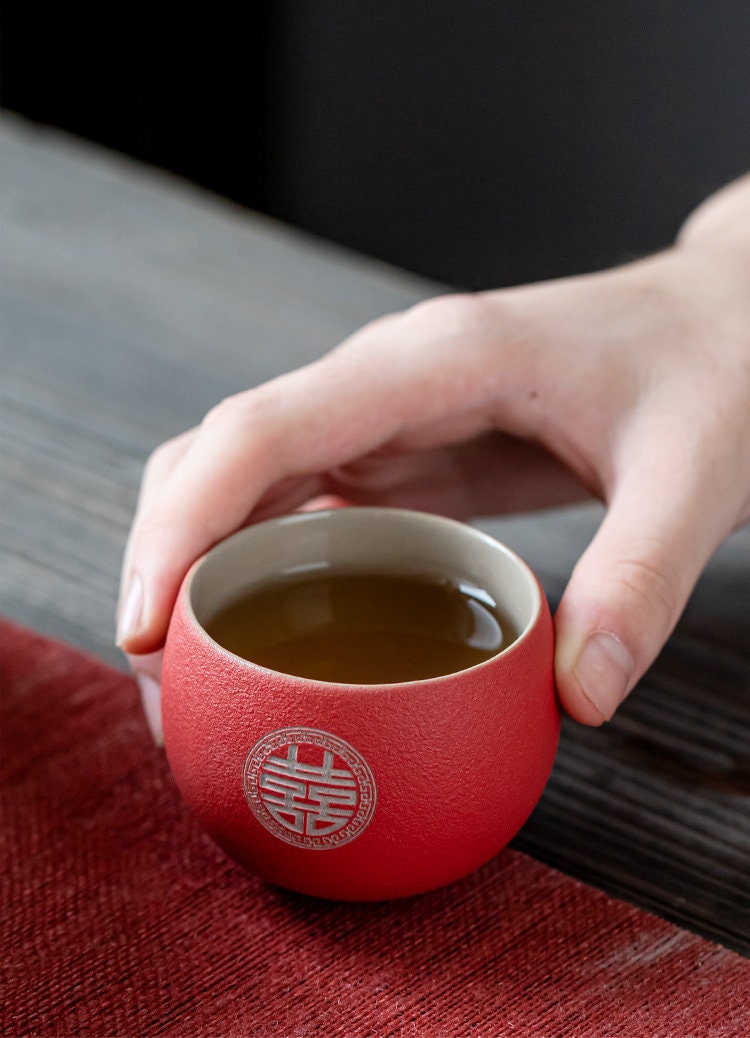 Engraved 'Double Happiness' Wedding Tea Cups, Oriental Wedding Tea Ceremony Cup Set, Chinese Red Tea Cup, Ceramic Red Cup Set in Gift Box