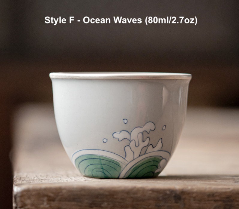 Silver Rim Kungfu Tea Cups 80ml/2.7oz, Hand Painted Chinese Tea Cups, Retro Celadon Glazed, Gongfu Tea Lovers Gift