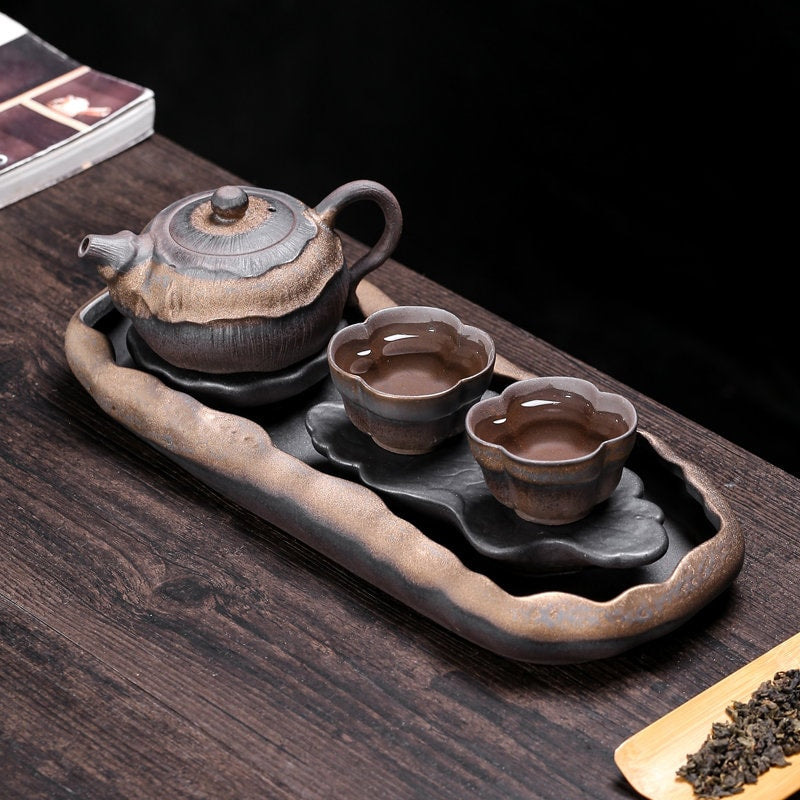 Lotus Pond Theme Chinese Gongfu Tea Set /Handmade Kung Fu Tea Set with Teapot, Cups & Tea Tray /Retro Style Tea Set / Unique Tea Set Gift