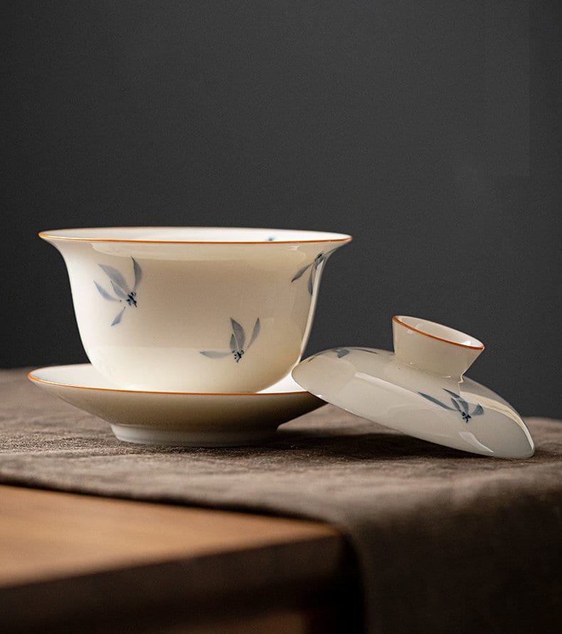 Hand Painted Orchid Gaiwan 5.58oz/165ml, White Porcelain Gaiwan, Handmade, Gaiwan Pu-Erh Tea, Gift to Kungfu Tea Lovers