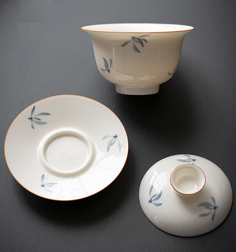Hand Painted Orchid Gaiwan 5.58oz/165ml, White Porcelain Gaiwan, Handmade, Gaiwan Pu-Erh Tea, Gift to Kungfu Tea Lovers