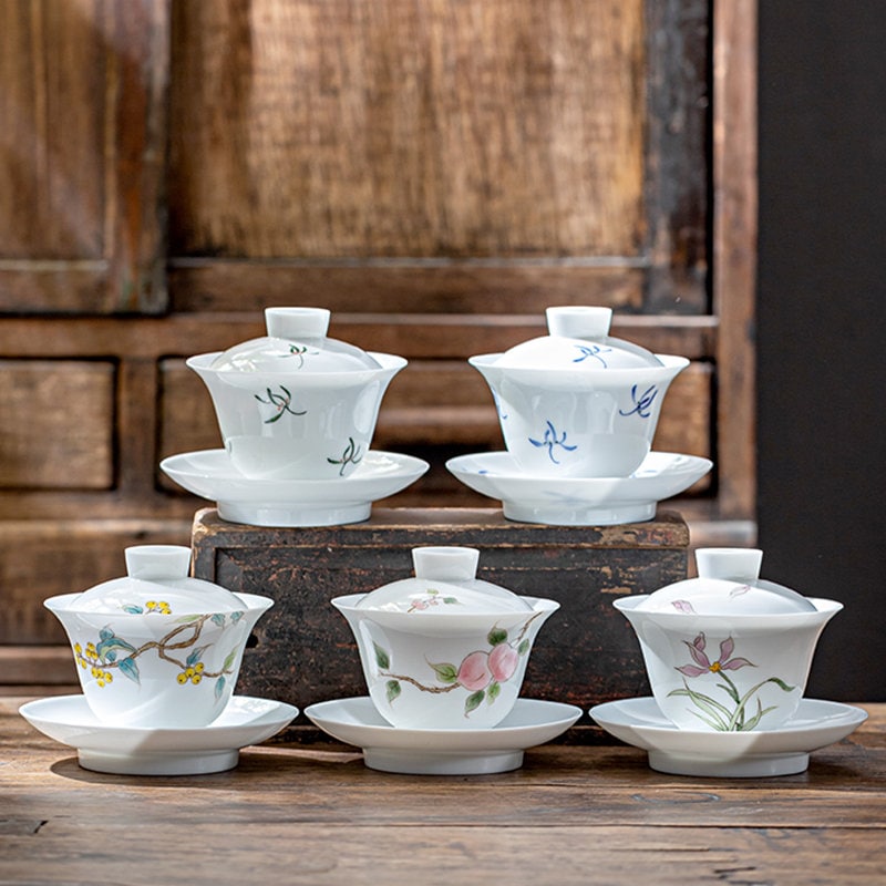 Hand Painted Gaiwan 5.2oz/155ml, Thin-walled White Porcelain Gaiwan, Handmade, Gaiwan Pu-Erh Tea, 5 Styles, Gift to Tea Lovers
