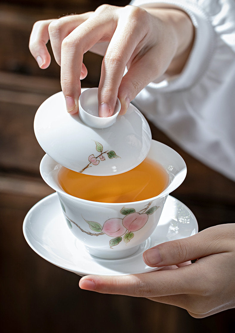Hand Painted Gaiwan 5.2oz/155ml, Thin-walled White Porcelain Gaiwan, Handmade, Gaiwan Pu-Erh Tea, 5 Styles, Gift to Tea Lovers