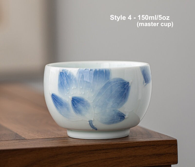 Hand Painted Lotus Kung Fu Tea Cup, Pile Carving Lotus Porcelain Tea Cups for Gong Fu Tea Ceremony, Small Chinese Tea Cups, 4 styles