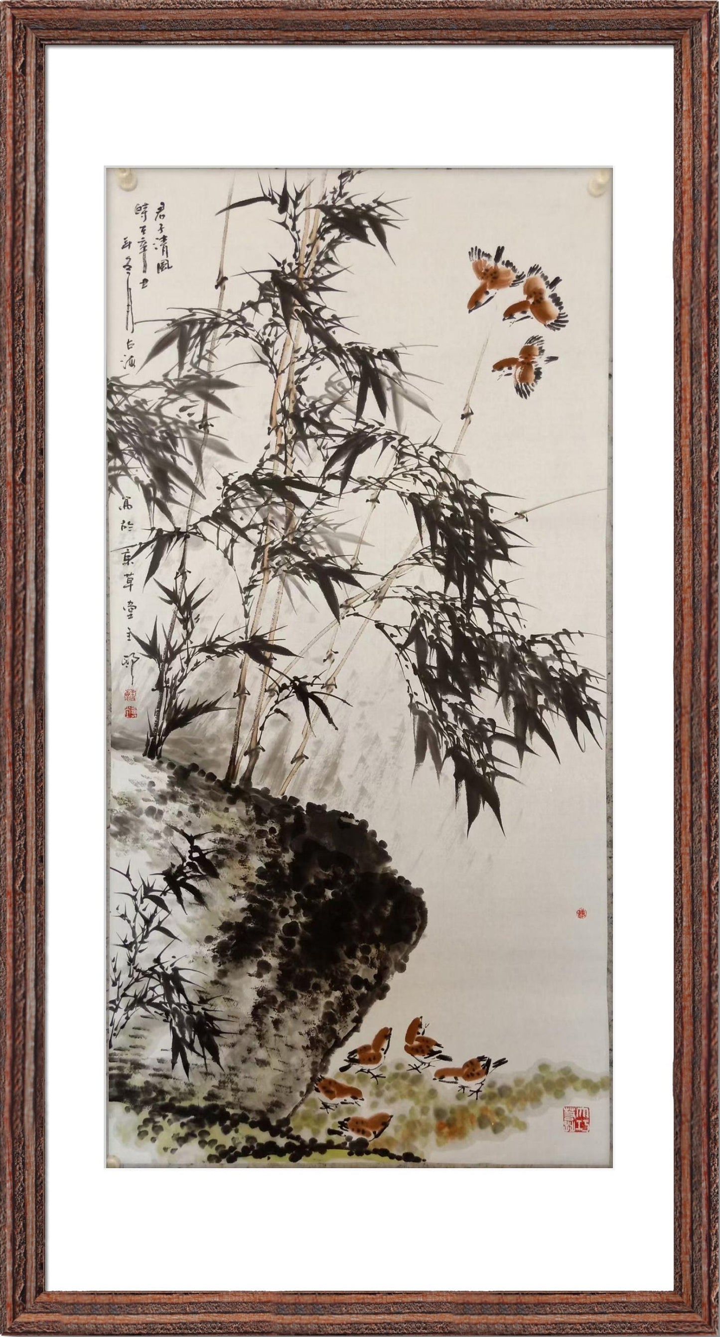 Original Chinese ink Painting of Sparrows in Bamboo 27″x54″, Oriental Art, traditional Chinese ink and wash painting - Bamboo, Sumi-e Bamboo