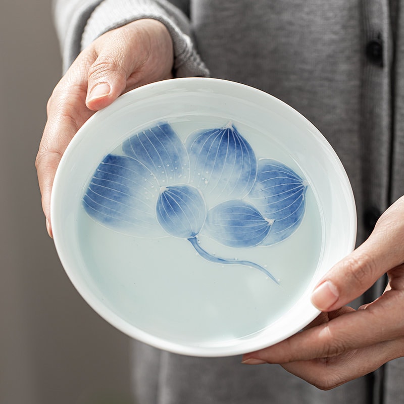 Hand Painted Lotus Gaiwan 150ml/5oz, Pile Carving Lotus Porcelain Gaiwan, Shadowy Green Glaze, Handmade, Pu-Erh Tea, Gift to Tea Lovers