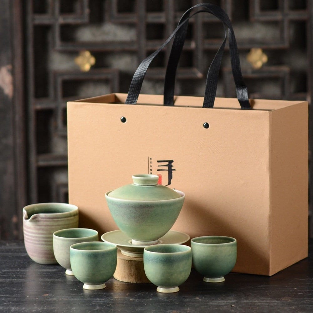 Handmade Banana Leaf Green Glaze Gaiwan Tea Set, Jingdezhen Gongfu Tea Set - 1 Gaiwan, 1 Fairness Cup and 4 Cups, Kungfu Tea Lovers Choice