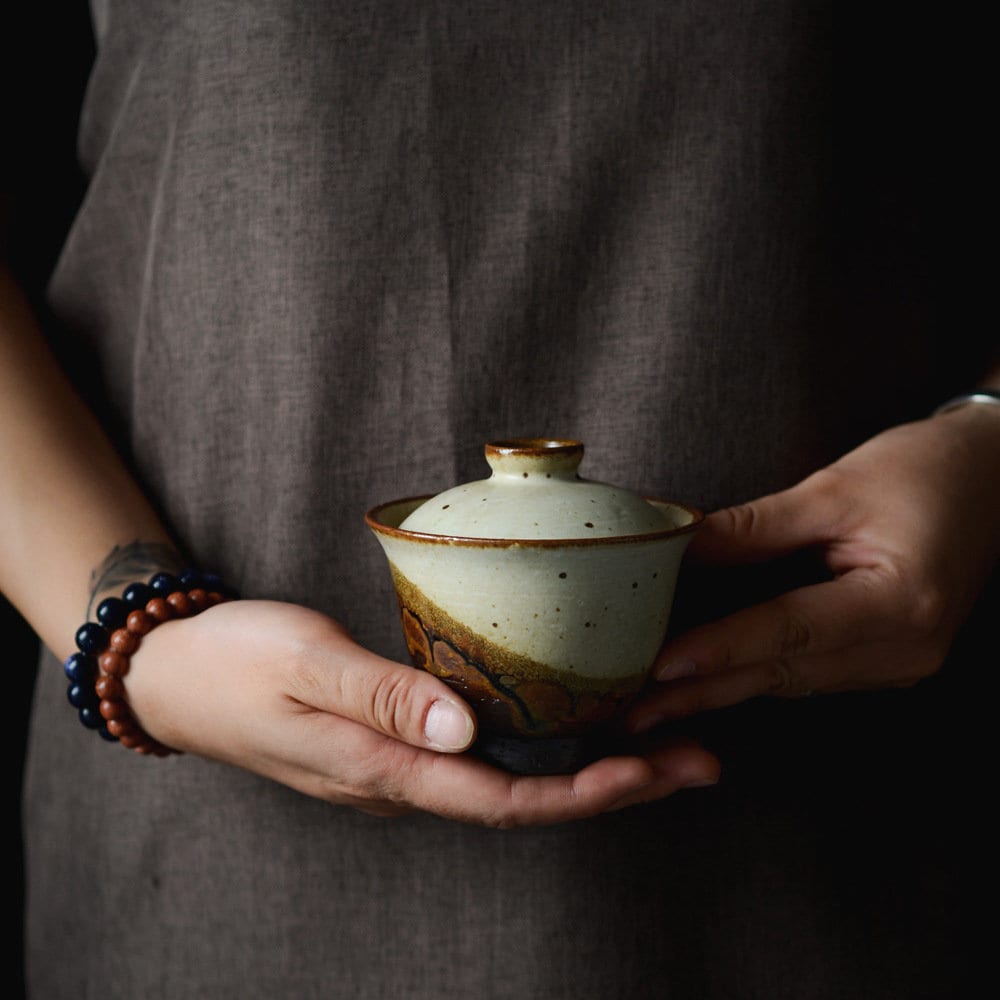 Jingdezhen 'Sunset' Stoneware Gaiwan Set, Handmade Wood-fire Color Kungfu Tea Set - 1 Gaiwan, 4 cups and 1 pitcher, Gongfu Tea Lovers Gift