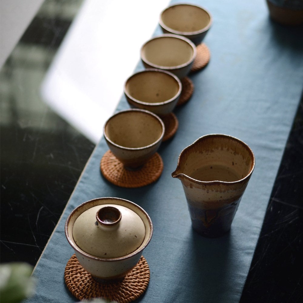 Jingdezhen 'Sunset' Stoneware Gaiwan Set, Handmade Wood-fire Color Kungfu Tea Set - 1 Gaiwan, 4 cups and 1 pitcher, Gongfu Tea Lovers Gift