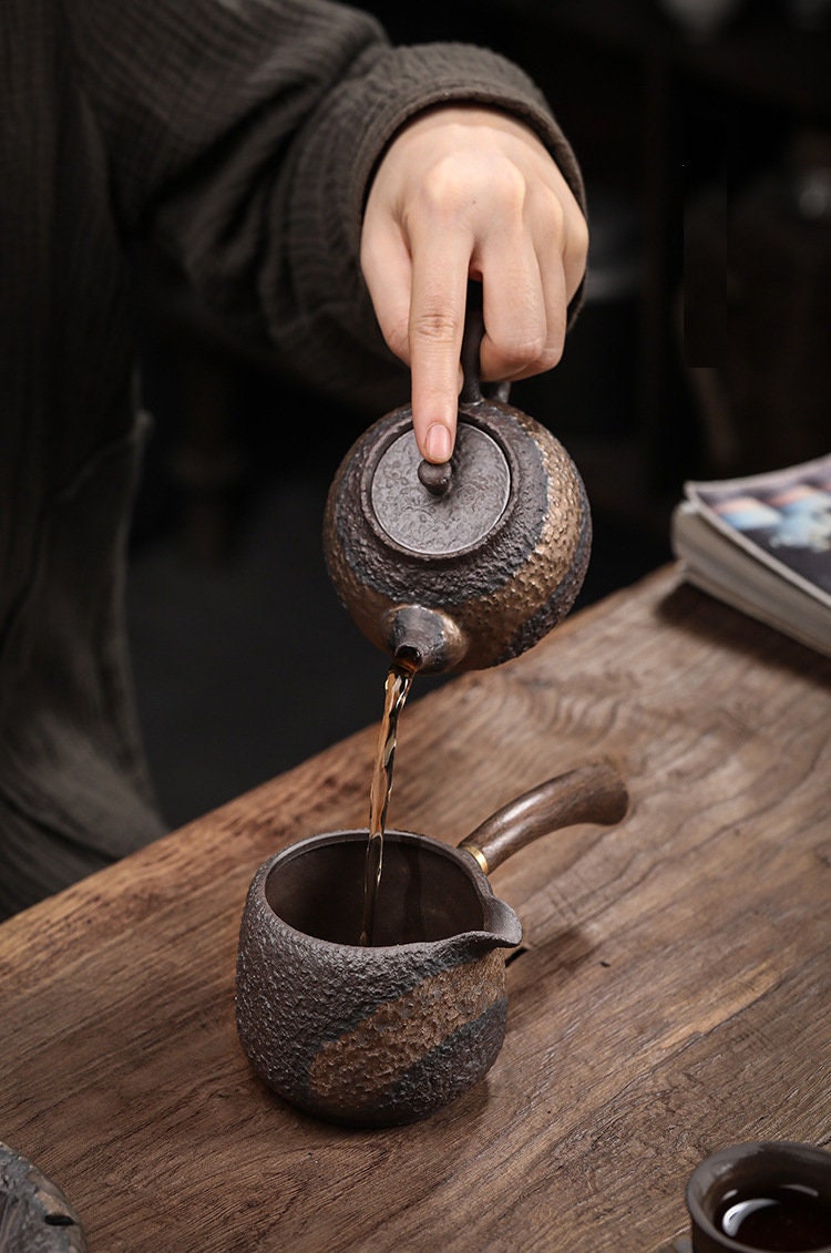 Handmade Ceramic Fairness Cup with Wooden Handle , Retro Coarse Pottery Gongdaobei for Kung Fu Tea, Tea Pitcher, Gongfu Tea Accessories