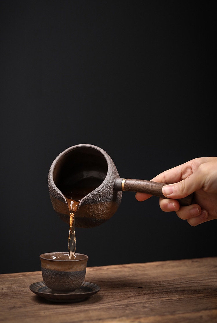 Handmade Ceramic Fairness Cup with Wooden Handle , Retro Coarse Pottery Gongdaobei for Kung Fu Tea, Tea Pitcher, Gongfu Tea Accessories
