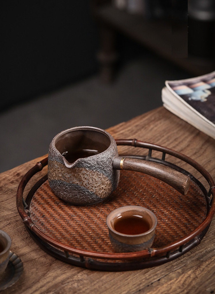 Handmade Ceramic Fairness Cup with Wooden Handle , Retro Coarse Pottery Gongdaobei for Kung Fu Tea, Tea Pitcher, Gongfu Tea Accessories