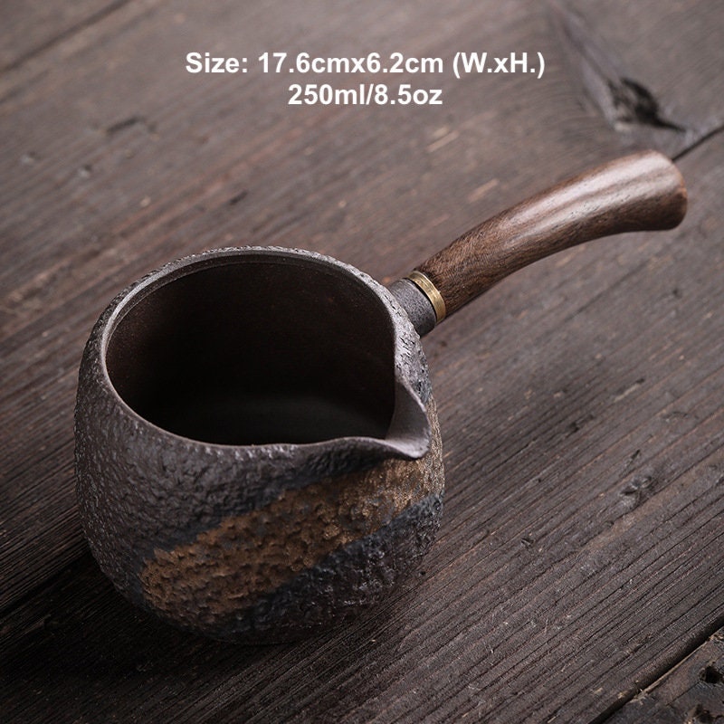 Handmade Ceramic Fairness Cup with Wooden Handle , Retro Coarse Pottery Gongdaobei for Kung Fu Tea, Tea Pitcher, Gongfu Tea Accessories