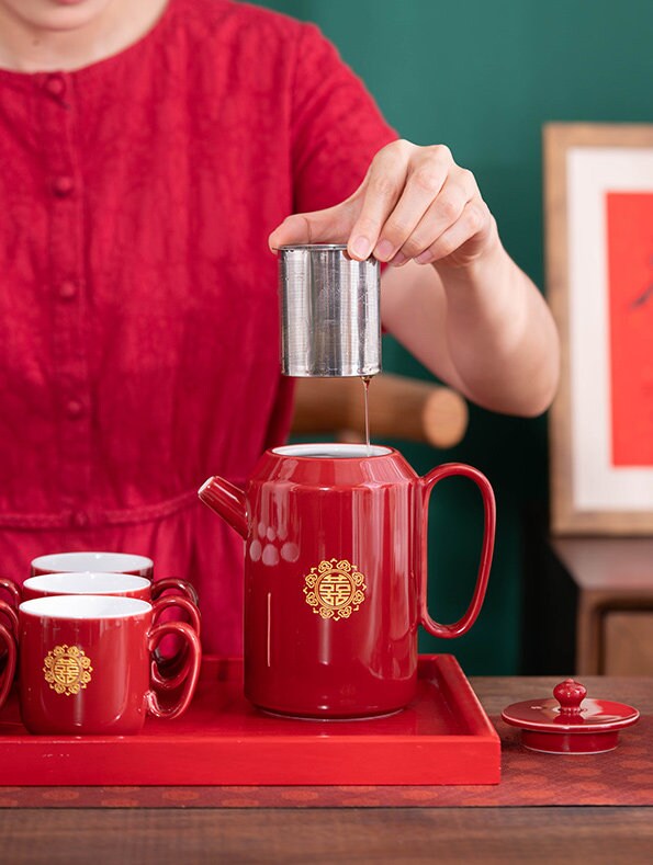 Oriental Wedding Tea Ceremony Set, Double Happiness Wedding Tea Set, Red Ceramic Tea Set with 1 Teapot, 6 Cups and 1 Tray, Wedding Gift