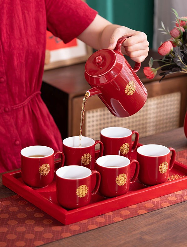 Oriental Wedding Tea Ceremony Set, Double Happiness Wedding Tea Set, Red Ceramic Tea Set with 1 Teapot, 6 Cups and 1 Tray, Wedding Gift