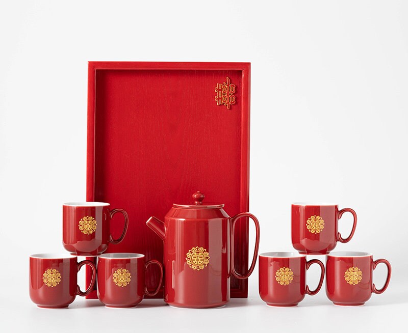 Oriental Wedding Tea Ceremony Set, Double Happiness Wedding Tea Set, Red Ceramic Tea Set with 1 Teapot, 6 Cups and 1 Tray, Wedding Gift