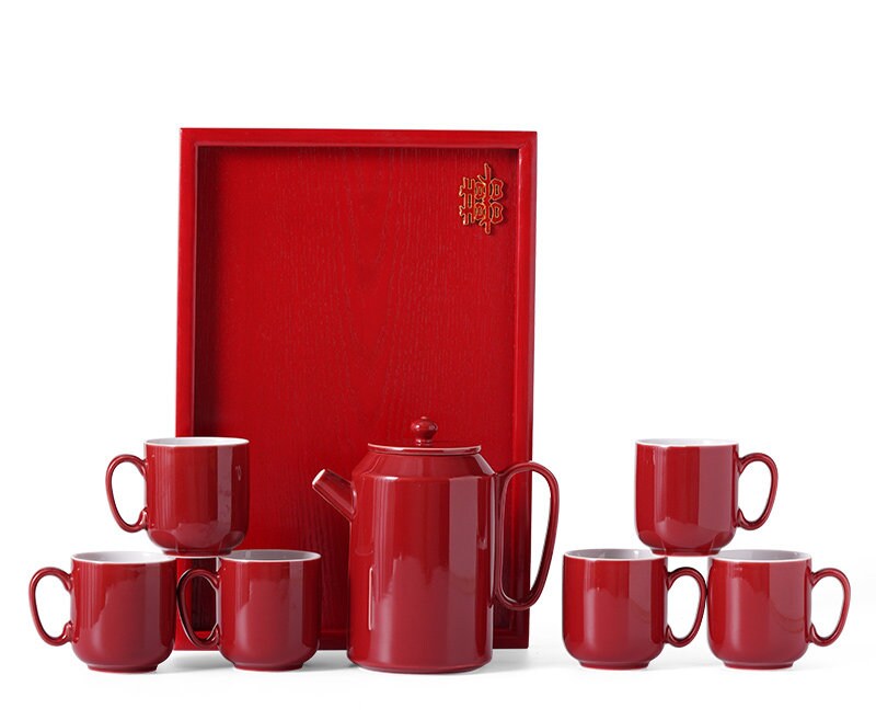 Oriental Wedding Tea Ceremony Set, Double Happiness Wedding Tea Set, Red Ceramic Tea Set with 1 Teapot, 6 Cups and 1 Tray, Wedding Gift