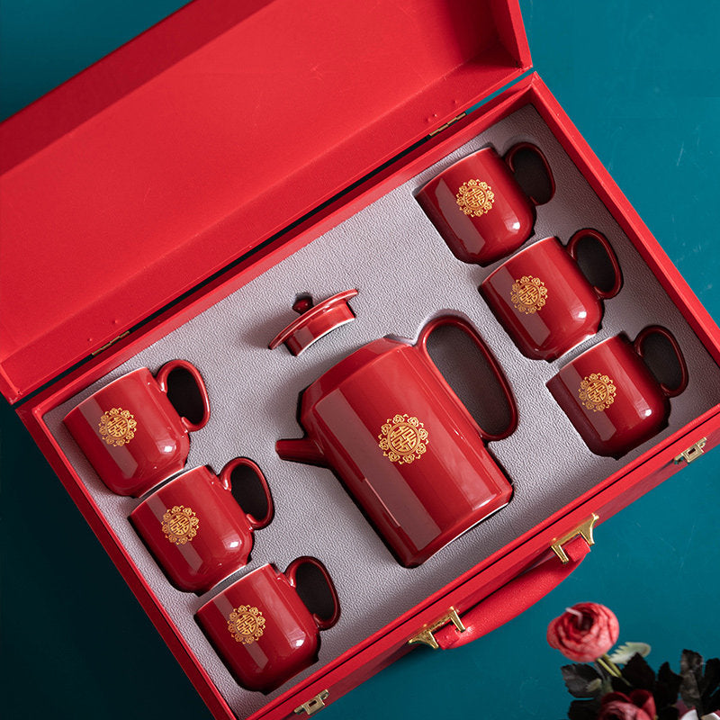 Oriental Wedding Tea Ceremony Set, Double Happiness Wedding Tea Set, Red Ceramic Tea Set with 1 Teapot, 6 Cups and 1 Tray, Wedding Gift