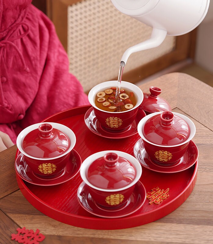 Double Happiness Wedding Tea Ceremony Set, Oriental Wedding Gaiwan Tea Set, Chinese Wedding Tea Set, Red Teapot Set