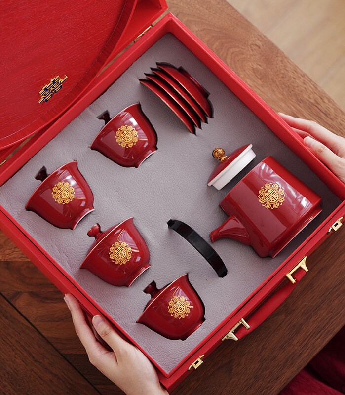 Double Happiness Wedding Tea Ceremony Set, Oriental Wedding Gaiwan Tea Set, Chinese Wedding Tea Set, Red Teapot Set