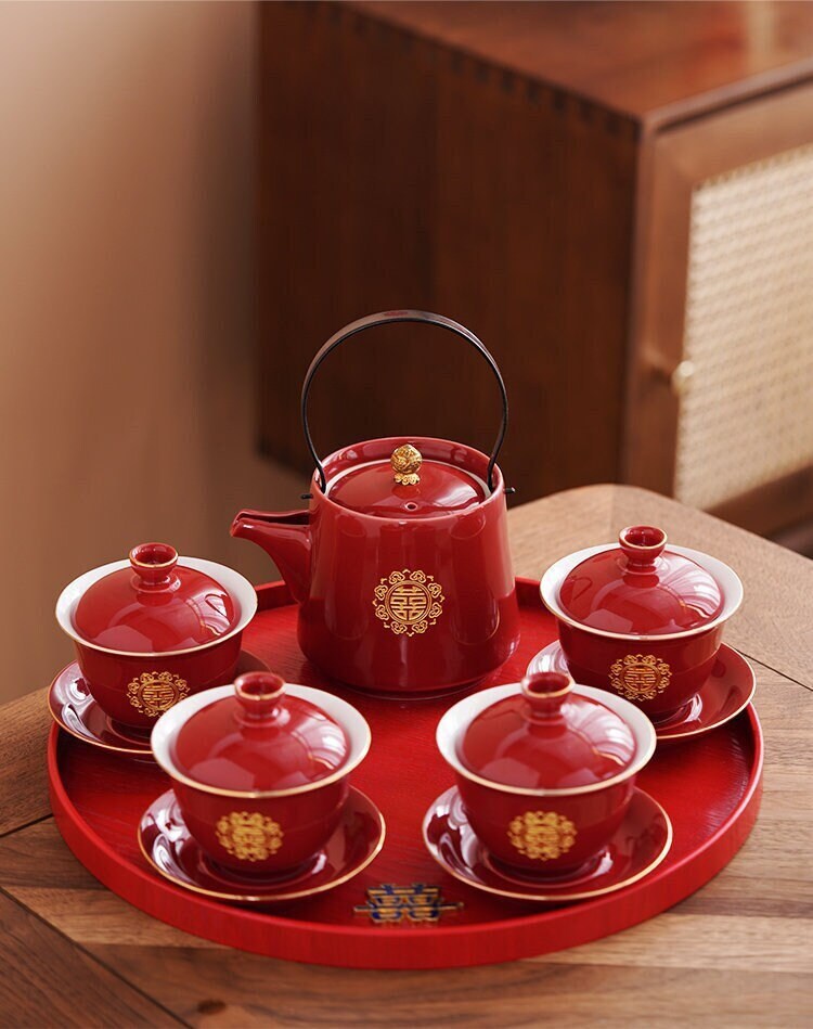 Double Happiness Wedding Tea Ceremony Set, Oriental Wedding Gaiwan Tea Set, Chinese Wedding Tea Set, Red Teapot Set