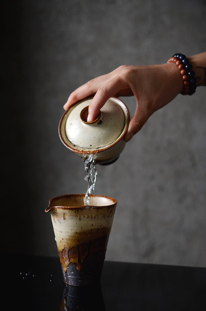 Jingdezhen 'Sunset' Stoneware Gaiwan Set, Handmade Wood-fire Color Kungfu Tea Set - 1 Gaiwan, 4 cups and 1 pitcher, Gongfu Tea Lovers Gift