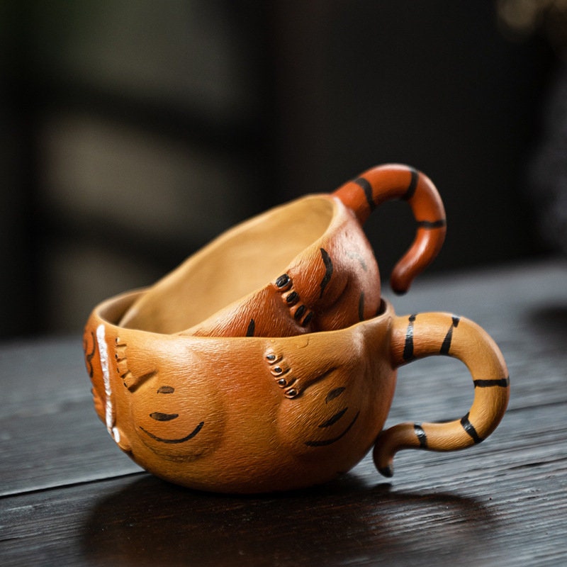 Tiger Zisha Gongfu Cup, Chinese Yixing Handmade Zisha Cup, Tiger Tea Pet, Kungfu Tea Cup Tea Bowl with handle, 2 Style, Tea Lover Gift
