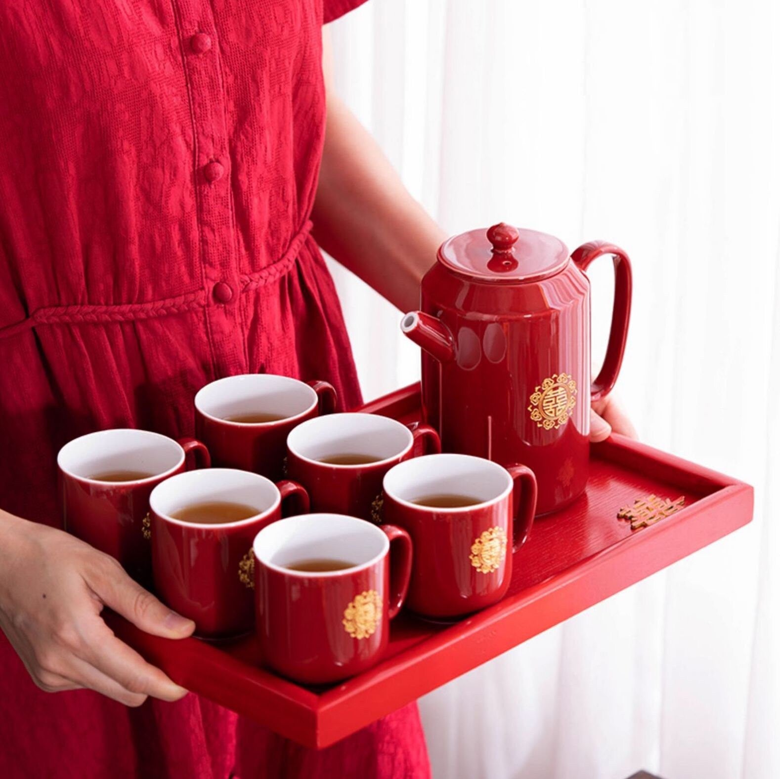 Oriental Wedding Tea Ceremony Set, Double Happiness Wedding Tea Set, Red Ceramic Tea Set with 1 Teapot, 6 Cups and 1 Tray, Wedding Gift