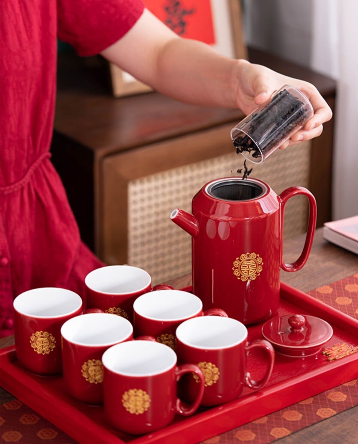 Oriental Wedding Tea Ceremony Set, Double Happiness Wedding Tea Set, Red Ceramic Tea Set with 1 Teapot, 6 Cups and 1 Tray, Wedding Gift