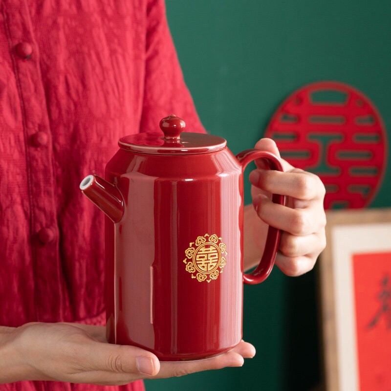 Oriental Wedding Tea Ceremony Set, Double Happiness Wedding Tea Set, Red Ceramic Tea Set with 1 Teapot, 6 Cups and 1 Tray, Wedding Gift