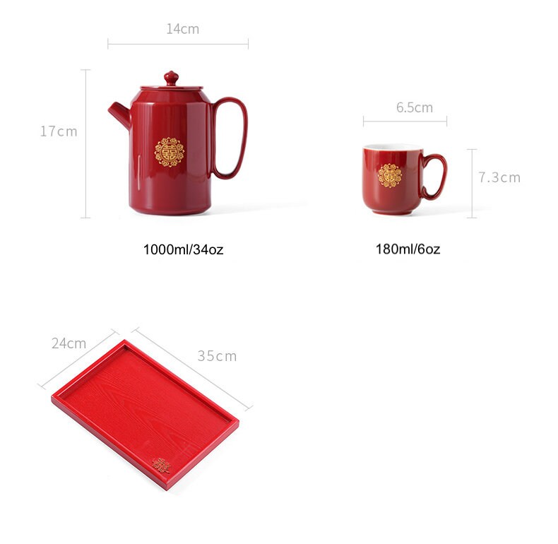 Oriental Wedding Tea Ceremony Set, Double Happiness Wedding Tea Set, Red Ceramic Tea Set with 1 Teapot, 6 Cups and 1 Tray, Wedding Gift