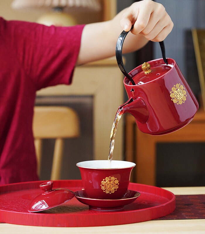 Double Happiness Wedding Tea Ceremony Set, Oriental Wedding Gaiwan Tea Set, Chinese Wedding Tea Set, Red Teapot Set