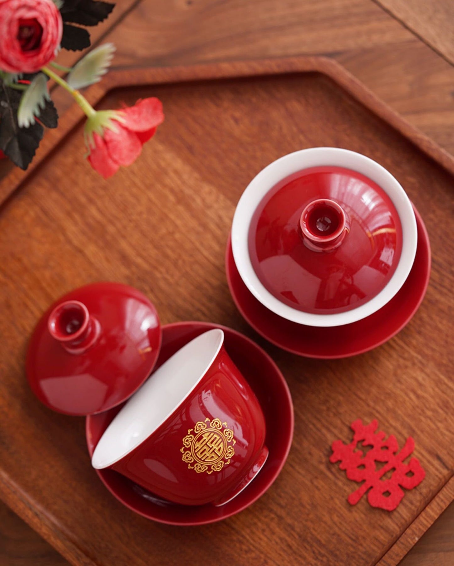 Double Happiness Wedding Tea Ceremony Set, Oriental Wedding Gaiwan Tea Set, Chinese Wedding Tea Set, Red Teapot Set