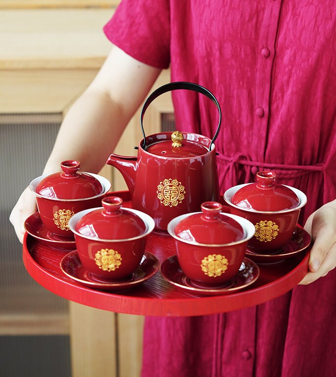 Double Happiness Wedding Tea Ceremony Set, Oriental Wedding Gaiwan Tea Set, Chinese Wedding Tea Set, Red Teapot Set