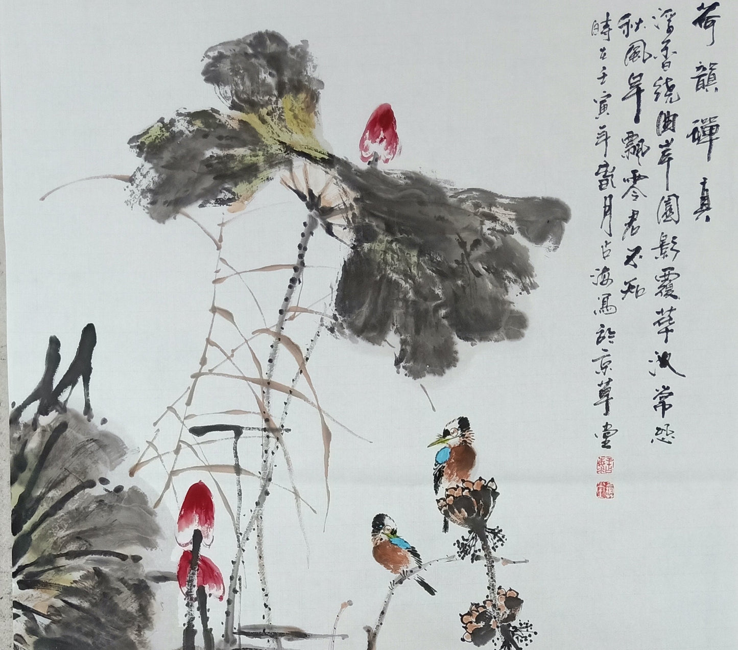 Oriental Ink Brush Painting Lotus, Original Chinese Ink Painting Flowers, Lotus Flower Wall Art, Sumi-e lotus, Zen Style Brush Painting