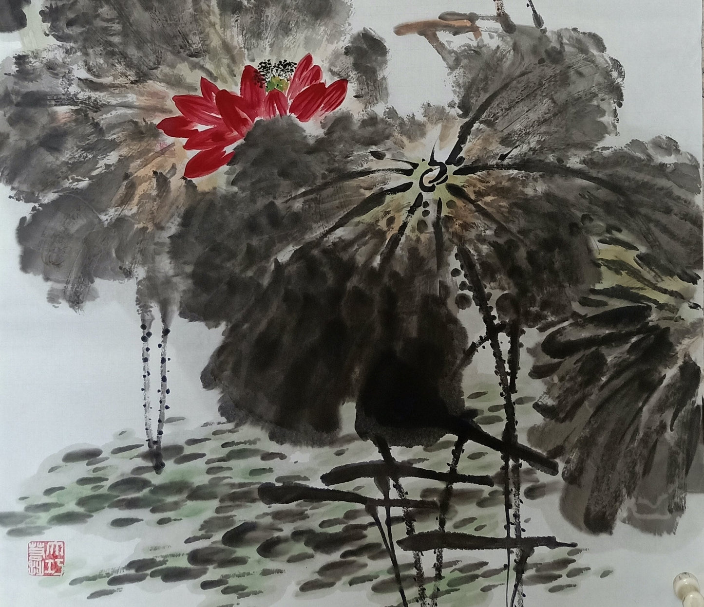Oriental Ink Brush Painting Lotus, Original Chinese Ink Painting Flowers, Lotus Flower Wall Art, Sumi-e lotus, Zen Style Brush Painting