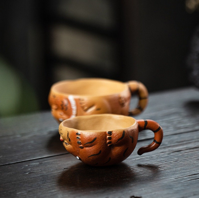Tiger Zisha Gongfu Cup, Chinese Yixing Handmade Zisha Cup, Tiger Tea Pet, Kungfu Tea Cup Tea Bowl with handle, 2 Style, Tea Lover Gift
