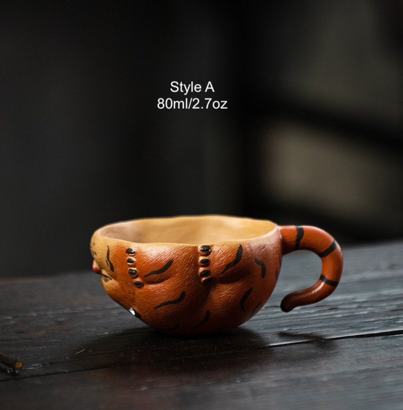 Tiger Zisha Gongfu Cup, Chinese Yixing Handmade Zisha Cup, Tiger Tea Pet, Kungfu Tea Cup Tea Bowl with handle, 2 Style, Tea Lover Gift