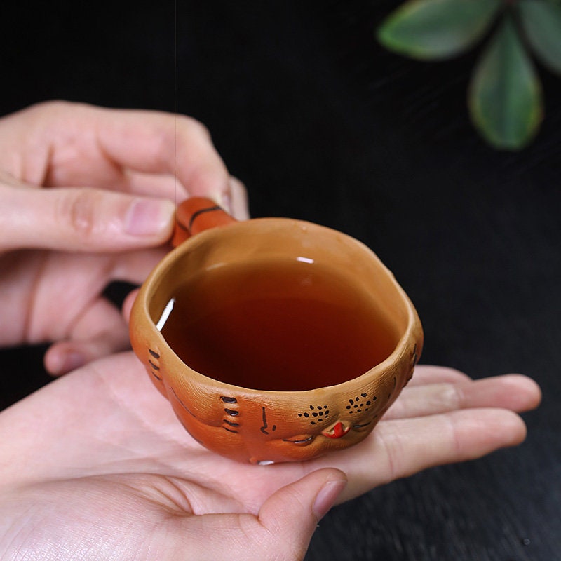 Tiger Zisha Gongfu Cup, Chinese Yixing Handmade Zisha Cup, Tiger Tea Pet, Kungfu Tea Cup Tea Bowl with handle, 2 Style, Tea Lover Gift