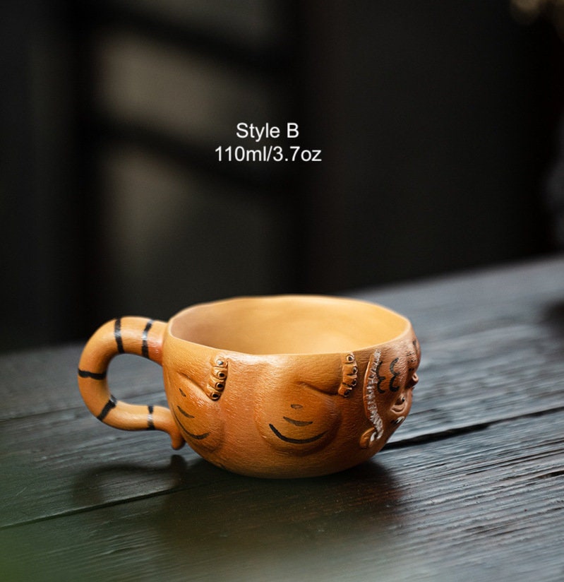 Tiger Zisha Gongfu Cup, Chinese Yixing Handmade Zisha Cup, Tiger Tea Pet, Kungfu Tea Cup Tea Bowl with handle, 2 Style, Tea Lover Gift