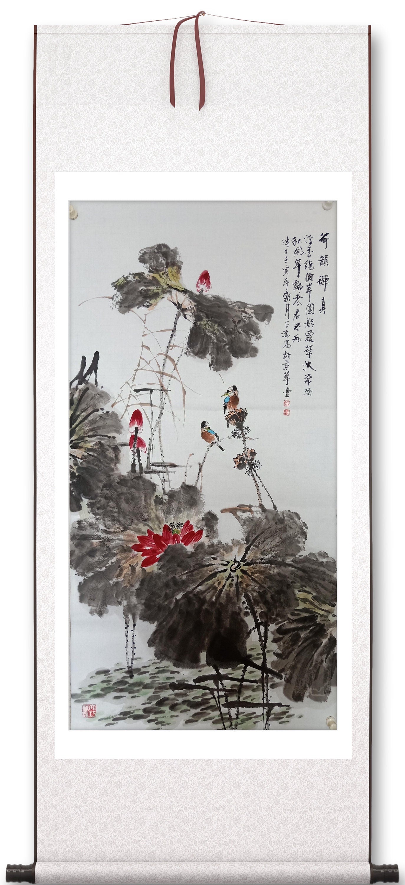 Oriental Ink Brush Painting Lotus, Original Chinese Ink Painting Flowers, Lotus Flower Wall Art, Sumi-e lotus, Zen Style Brush Painting