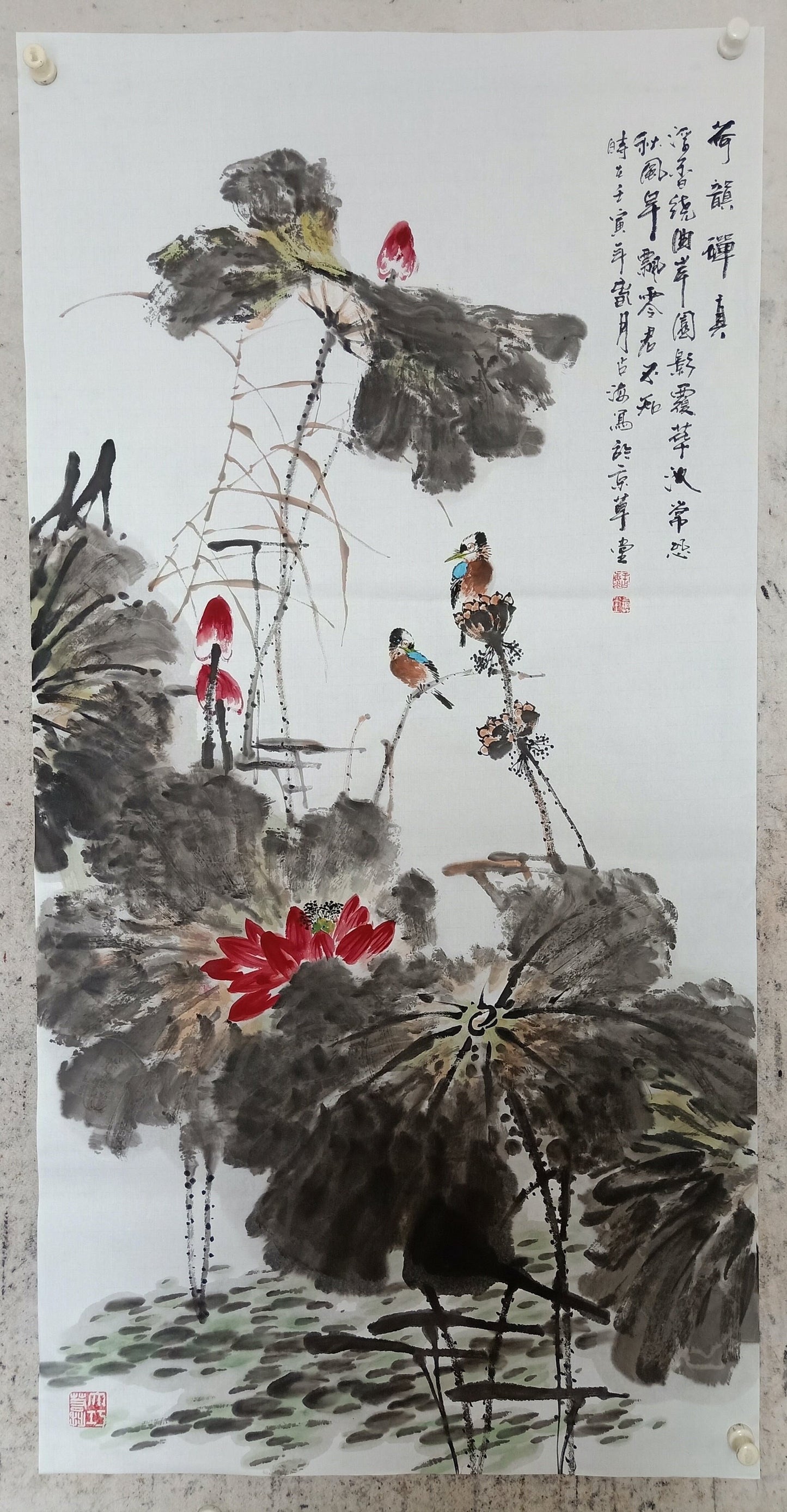 Oriental Ink Brush Painting Lotus, Original Chinese Ink Painting Flowers, Lotus Flower Wall Art, Sumi-e lotus, Zen Style Brush Painting